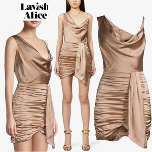 Bronze Satin Mini Cocktail Party Dress Wedding Draped Sash Cowl Ruch Sexy NYE 12